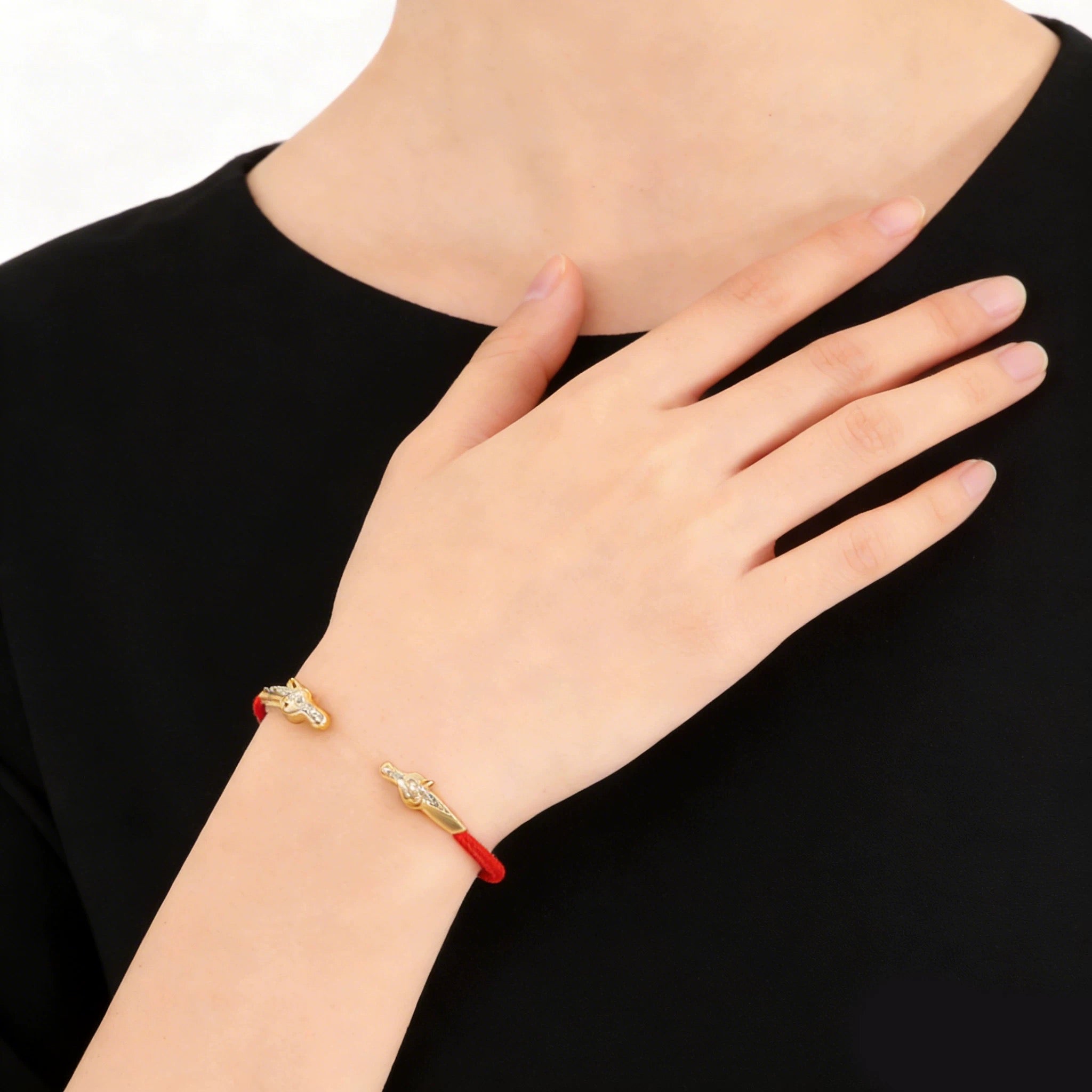 Year of the Horse Red String Open Bangle – S925 Silver Gold - Plated Lucky Bracelet - floysun