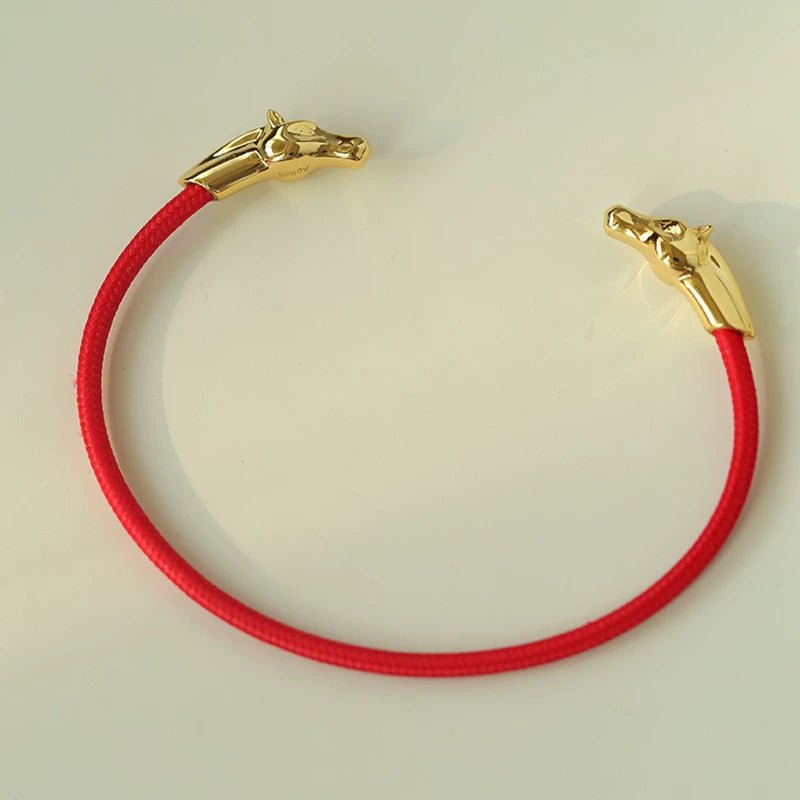 Year of the Horse Red String Open Bangle – S925 Silver Gold - Plated Lucky Bracelet - floysun