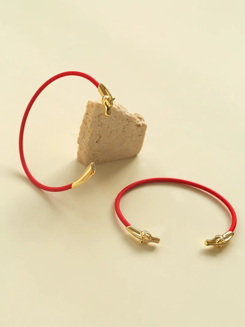 Year of the Horse Red String Open Bangle – S925 Silver Gold - Plated Lucky Bracelet - floysun
