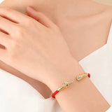 Year of the Horse Red String Open Bangle – S925 Silver Gold - Plated Lucky Bracelet - floysun