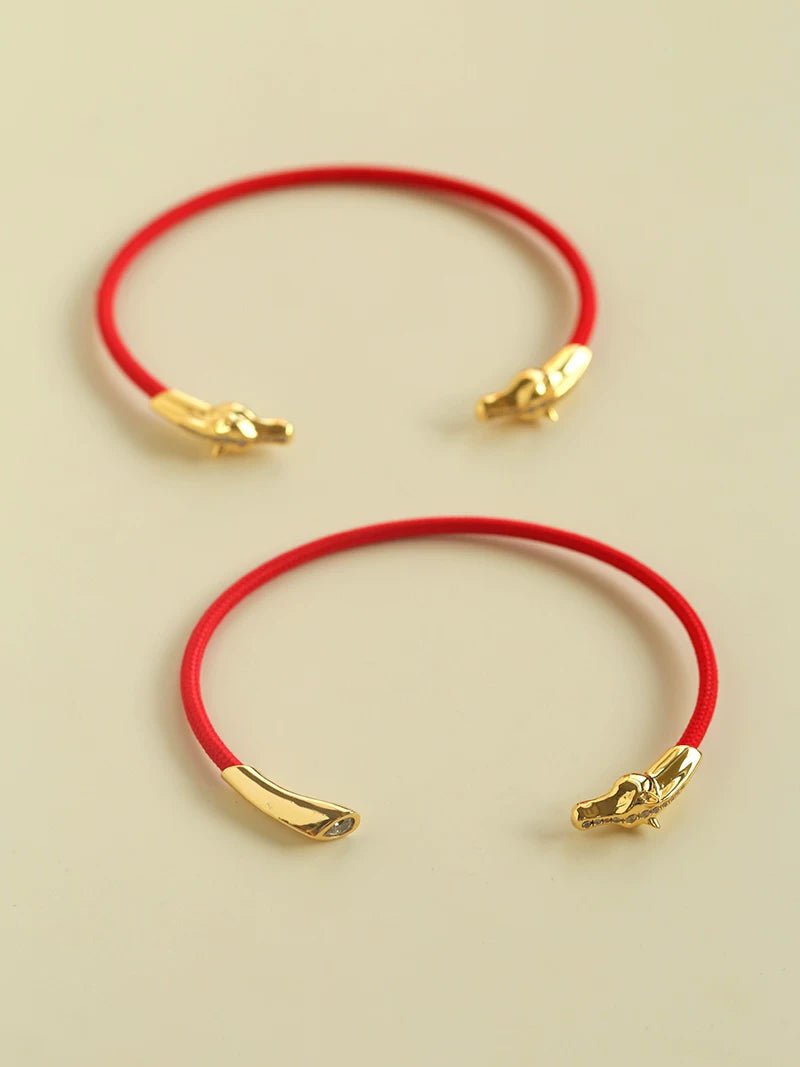 Year of the Horse Red String Open Bangle – S925 Silver Gold - Plated Lucky Bracelet - floysun