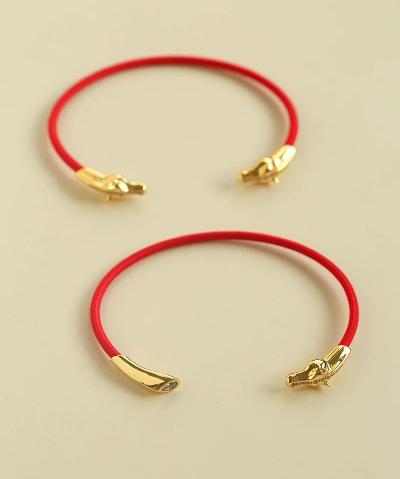 Year of the Horse Red String Open Bangle – S925 Silver Gold - Plated Lucky Bracelet - floysun