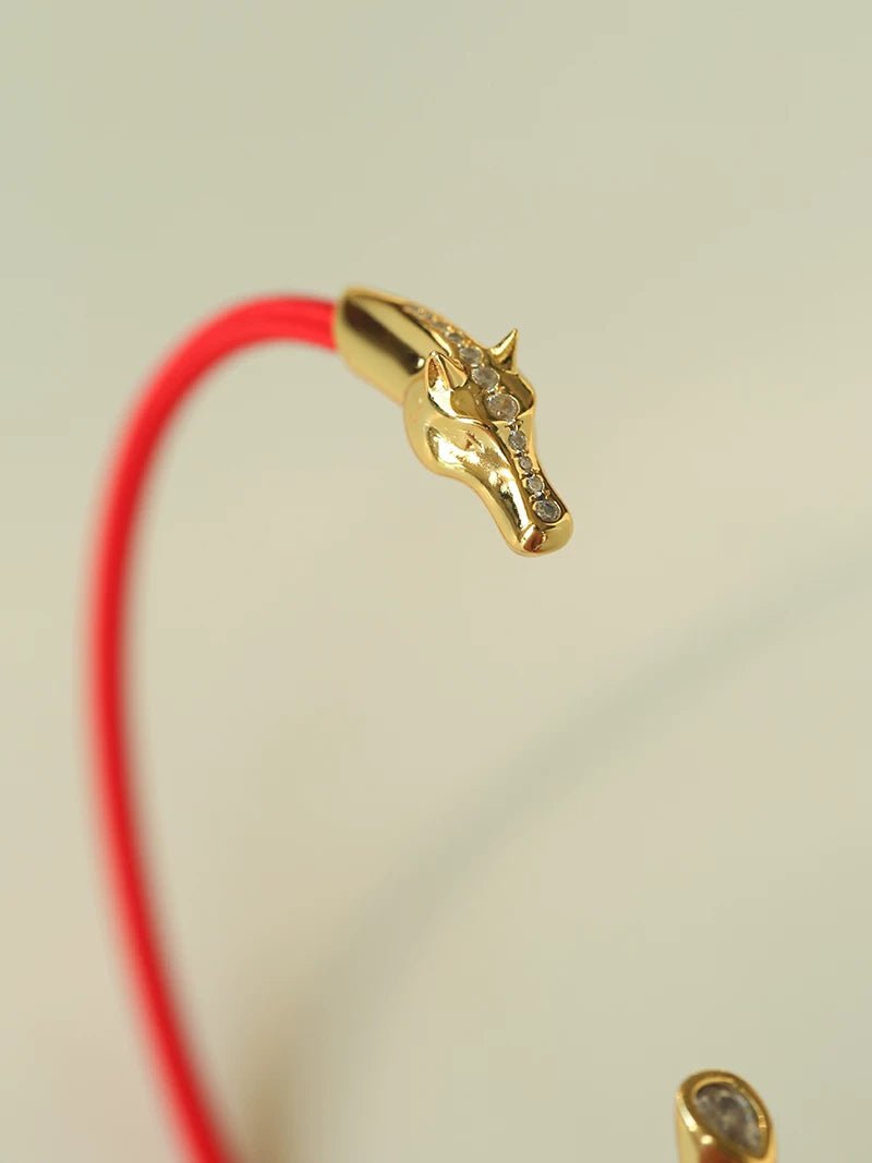 Year of the Horse Red String Open Bangle – S925 Silver Gold - Plated Lucky Bracelet - floysun