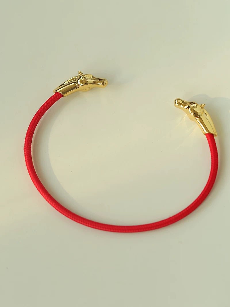 Year of the Horse Red String Open Bangle – S925 Silver Gold - Plated Lucky Bracelet - floysun