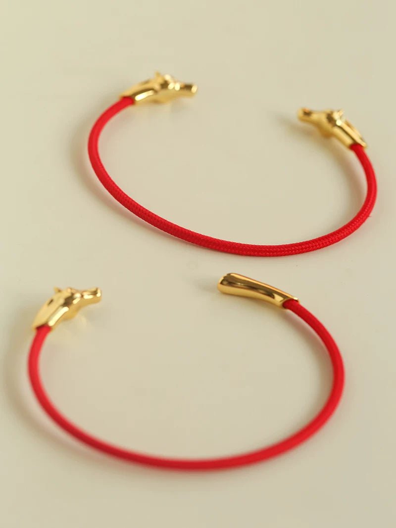 Year of the Horse Red String Open Bangle – S925 Silver Gold - Plated Lucky Bracelet - floysun