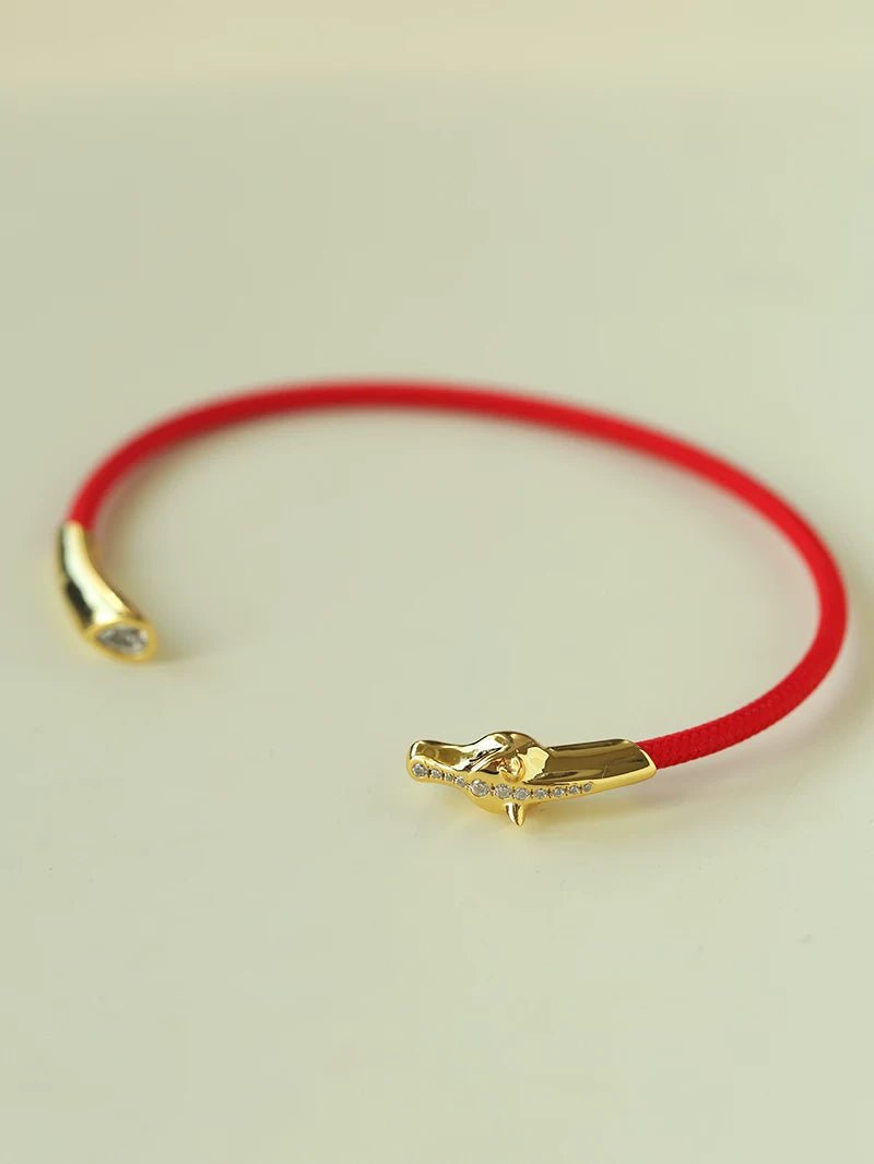 Year of the Horse Red String Open Bangle – S925 Silver Gold - Plated Lucky Bracelet - floysun