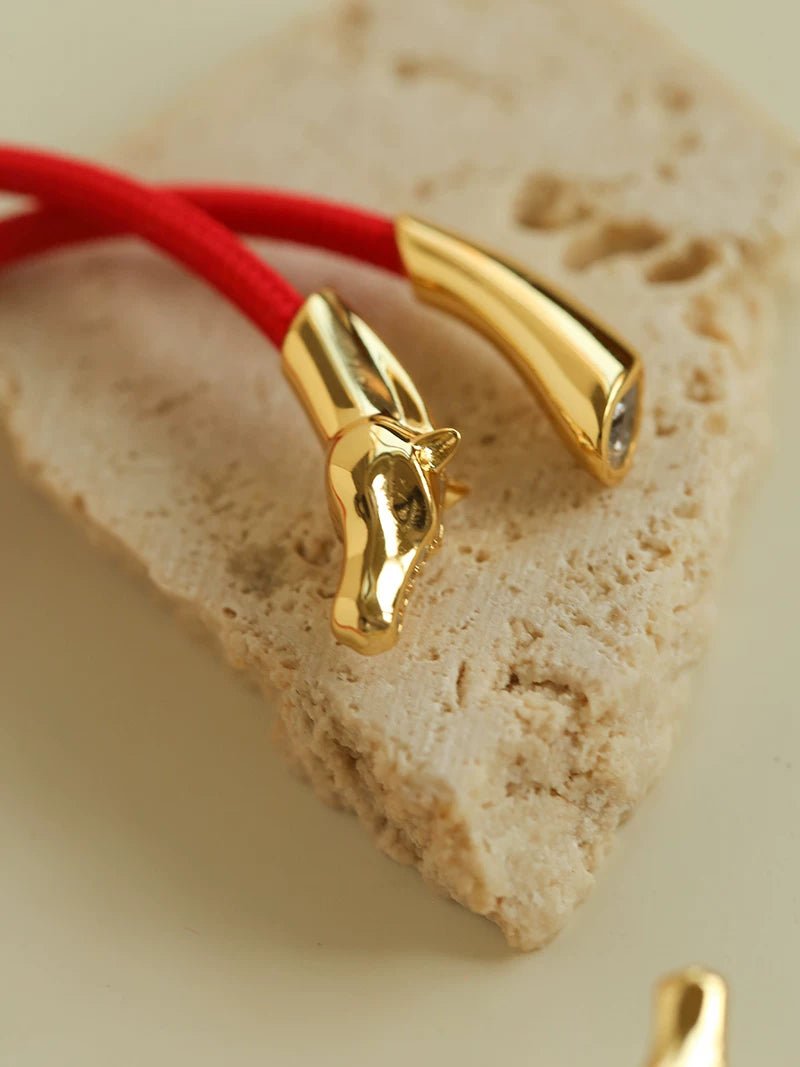 Year of the Horse Red String Open Bangle – S925 Silver Gold - Plated Lucky Bracelet - floysun