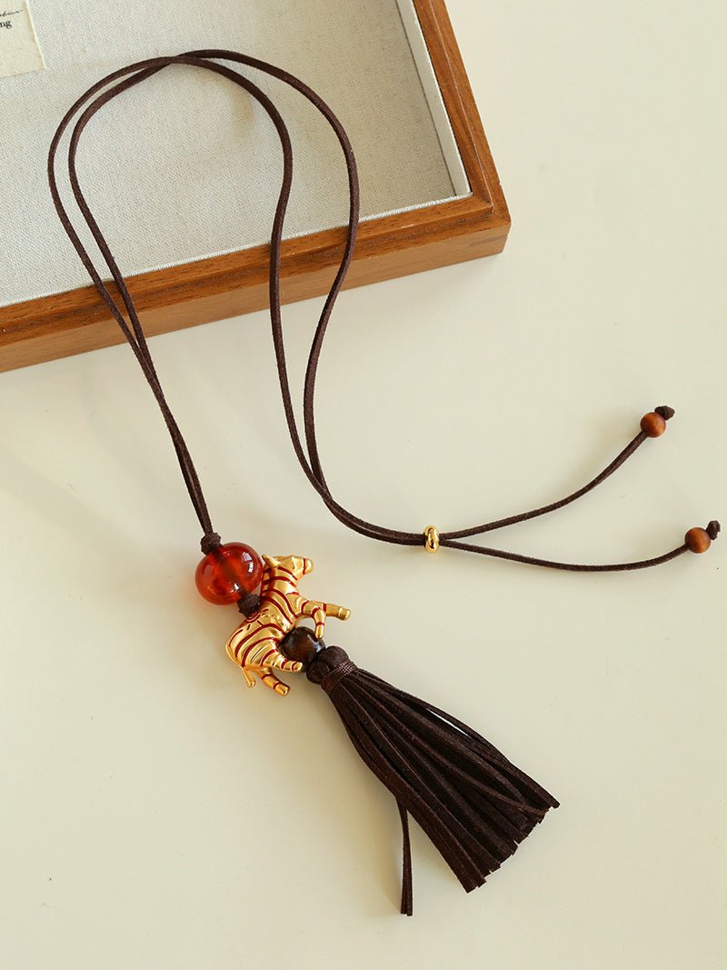 Zodiac Horse Long Suede Tassel Necklace - floysun