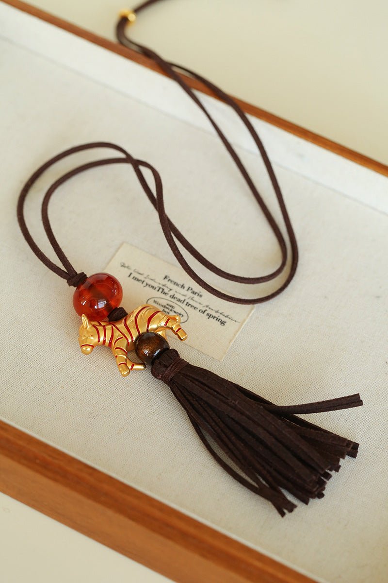 Zodiac Horse Long Suede Tassel Necklace - floysun