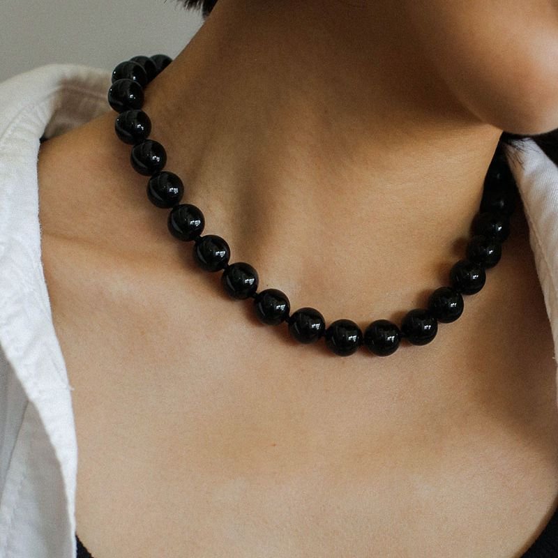 12mm Black Agate Beaded Necklace - floysun