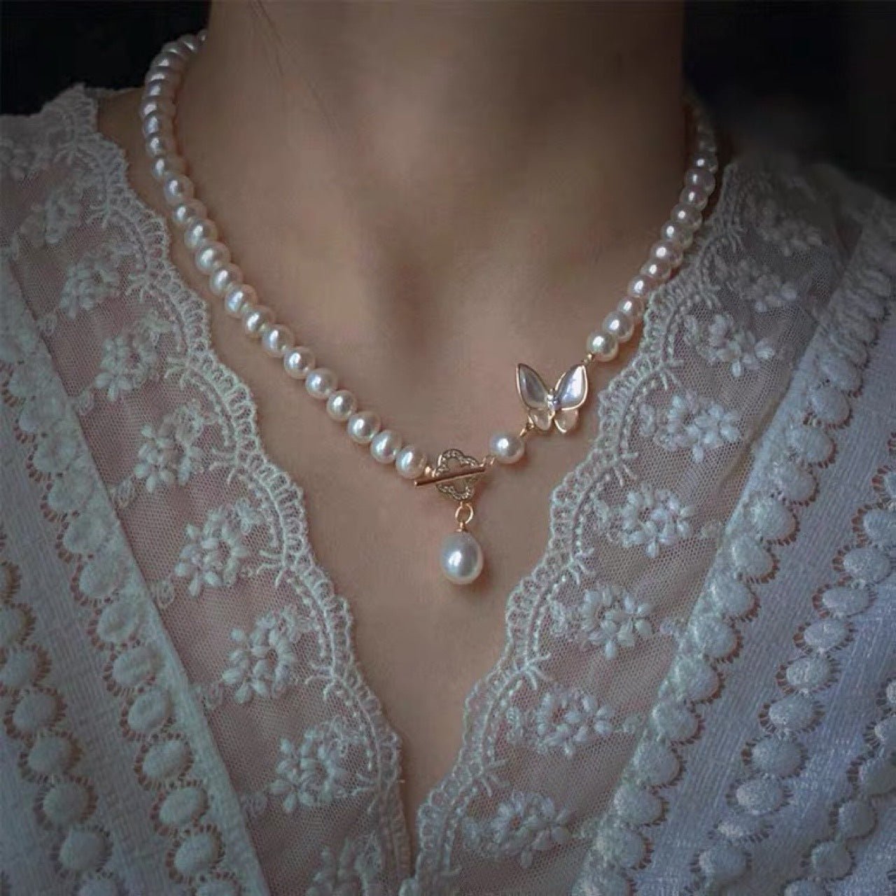 14K gold-filled Butterfly Freshwater Pearl Necklace - floysun