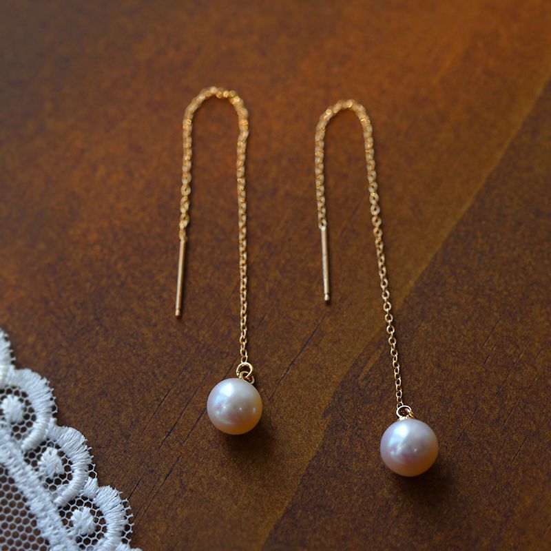 14K Gold Filled Simple Pearl Earrings Tassel Fringe Long Earrings - floysun
