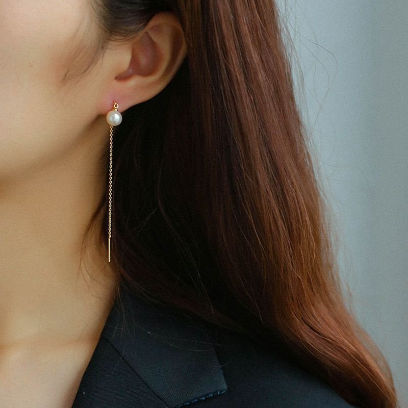 14K Gold Filled Simple Pearl Earrings Tassel Fringe Long Earrings - floysun