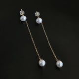 14K Gold Long Drop Pearl Earrings - floysun