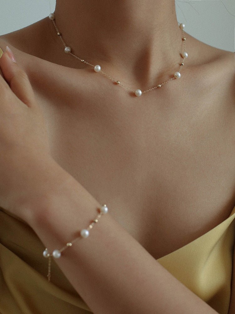 14K Gold Vintage Starry Pearl Necklace - floysun