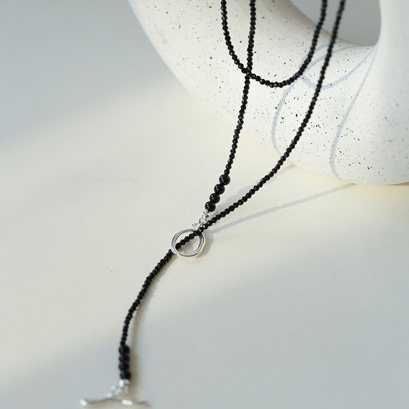 2mm Black Spinel Long Sparkling Beaded Necklace - floysun