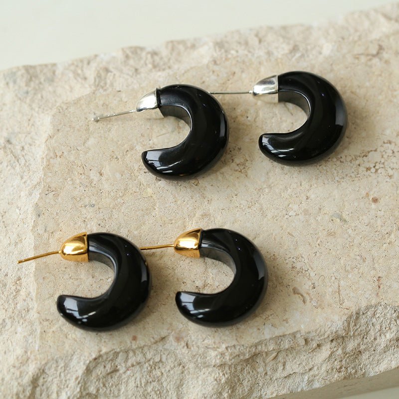 925 Silver Black Agate Moon Earrings - floysun