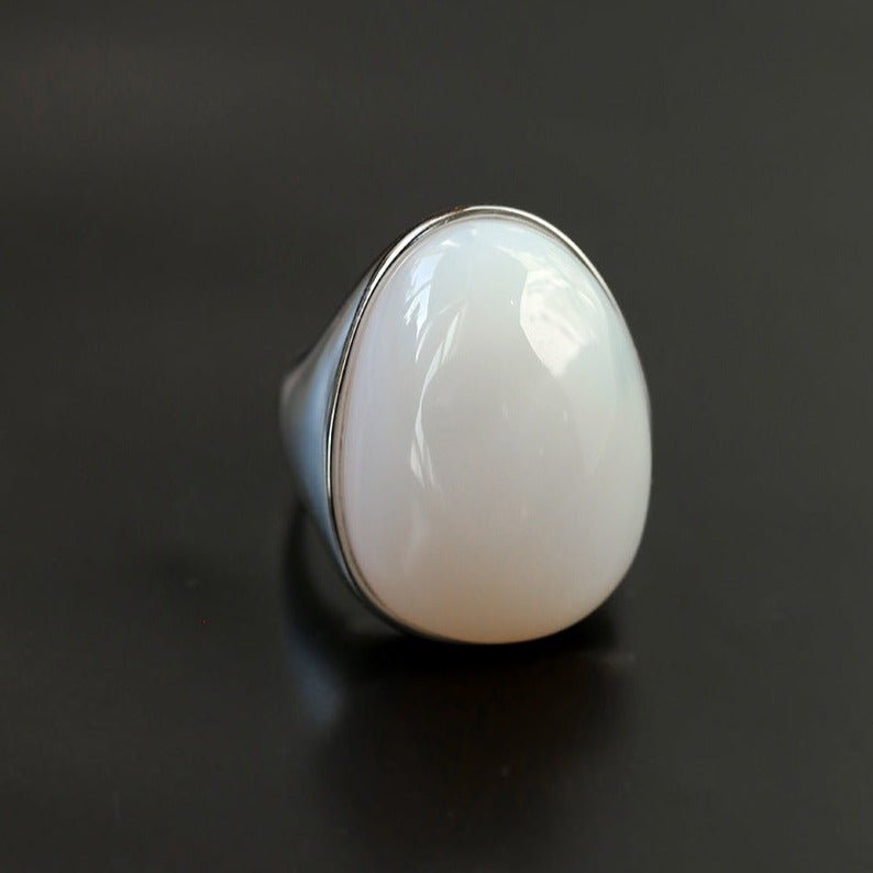 925 Silver Black Onyx White Chalcedony Oval Egg Ring - floysun