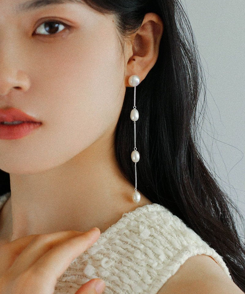 925 Silver Chain Fringed Pearl Earrings - floysun