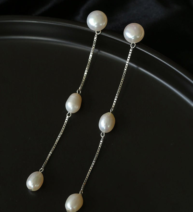 925 Silver Chain Fringed Pearl Earrings - floysun