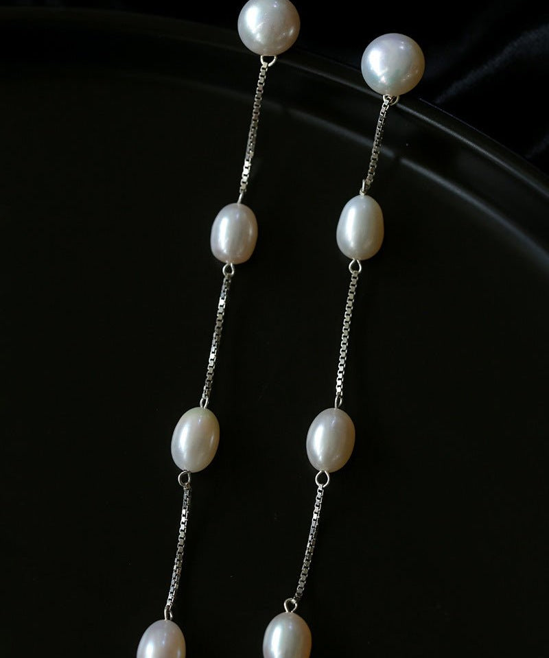 925 Silver Chain Fringed Pearl Earrings - floysun