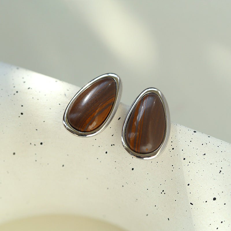 925 Silver Geometric Natural Stone Earrings - Mother of Pearl and Wood Grain Stone - floysun