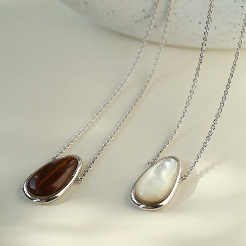 925 Silver Geometric Natural Stone Necklace - Mother of Pearl and Wood Grain Stone - floysun