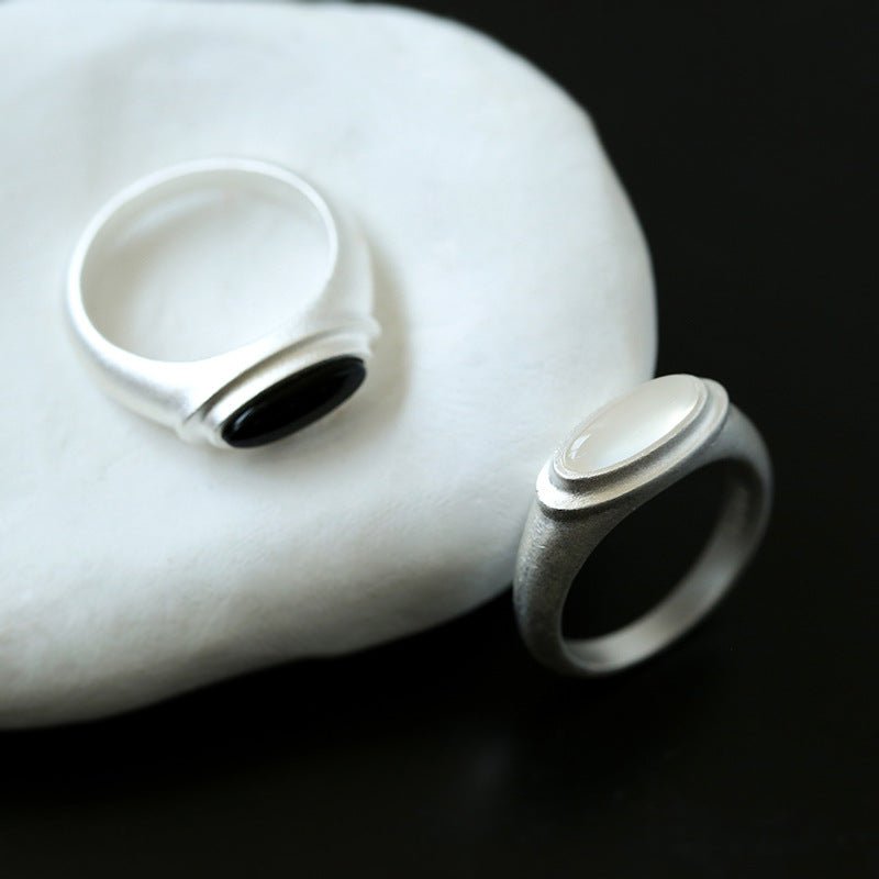 925 Silver Minimalist Silver Oval Black Agate Ring - floysun