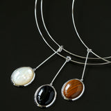 925 Silver Necklace: Wood-grain Marble&Black Onyx & White Mother of Pearl Pendant - floysun