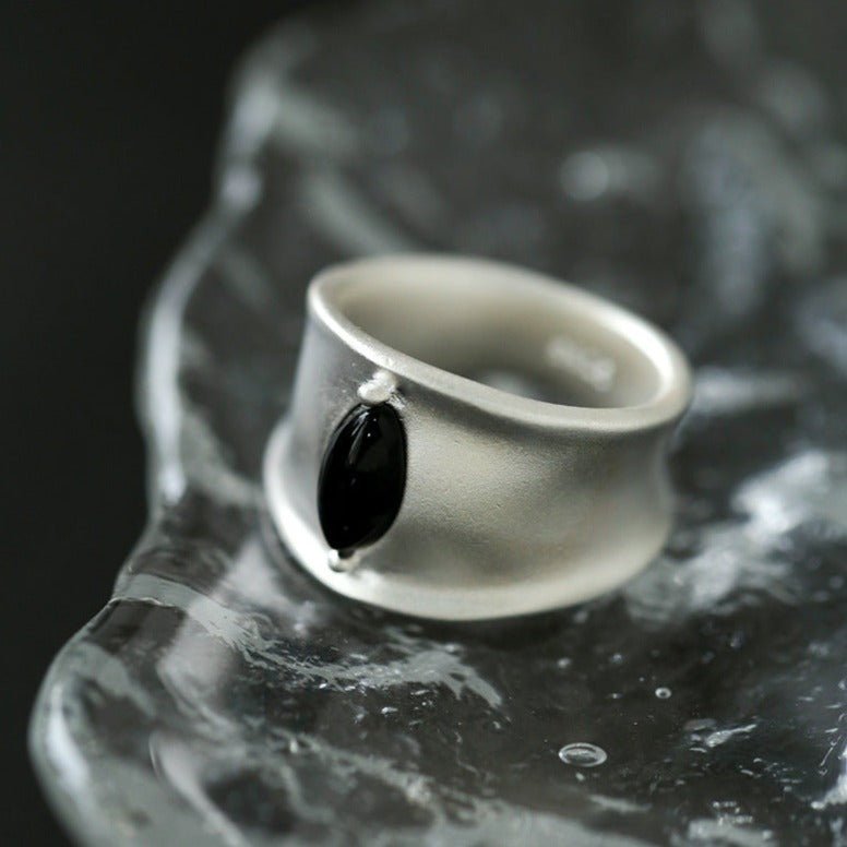 925 Silver Simple Black Onyx Gray Chalcedony Stacking Ring - floysun