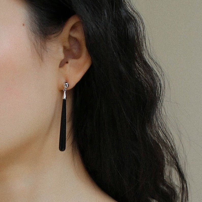 925 Silver Simple Long Teardrop Black Onyx Earrings - floysun