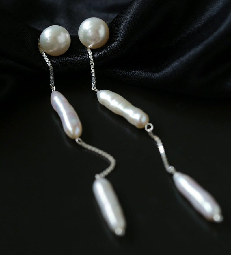 925 Silver Toothpick Pearl Long Earrings - floysun