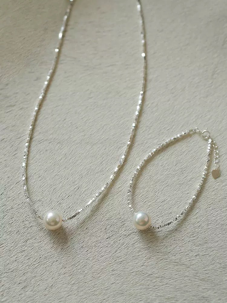 925 Sterling Silver Crushed Silver Natural Pearl Necklace - floysun