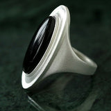 925 Sterling Silver Matte Black Agate and Gray Jade Oval Ring - floysun