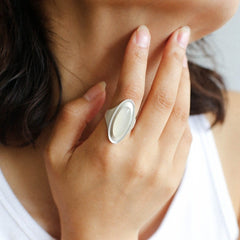 925 Sterling Silver Matte Black Agate and Gray Jade Oval Ring - floysun