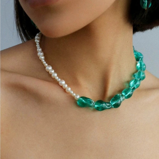 Green Glaze Baroque Spliced Pearl Necklace Earrings