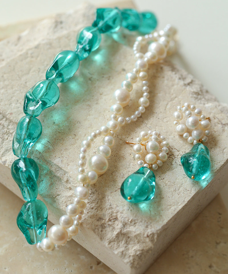 Green Baroque Glass Pearl Braided Necklace and Earrings