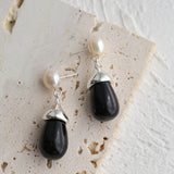 Vintage Natural Pearl Onyx Drop Earrings