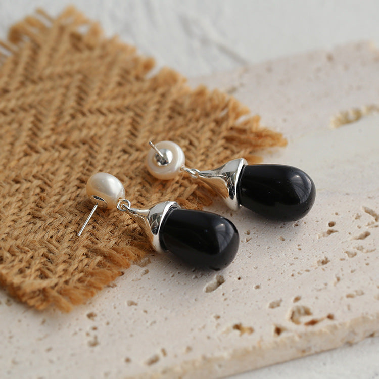 Vintage Natural Pearl Onyx Drop Earrings