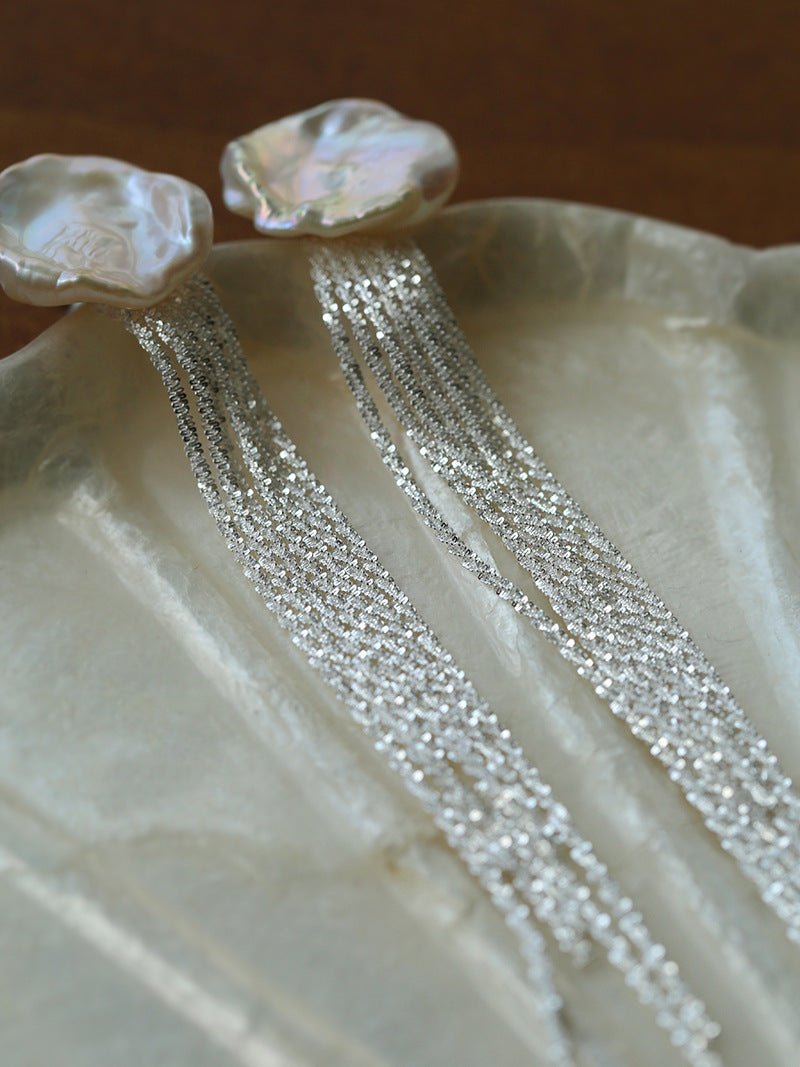 Anemone Chain Tassel Petal Pearl Earrings - floysun
