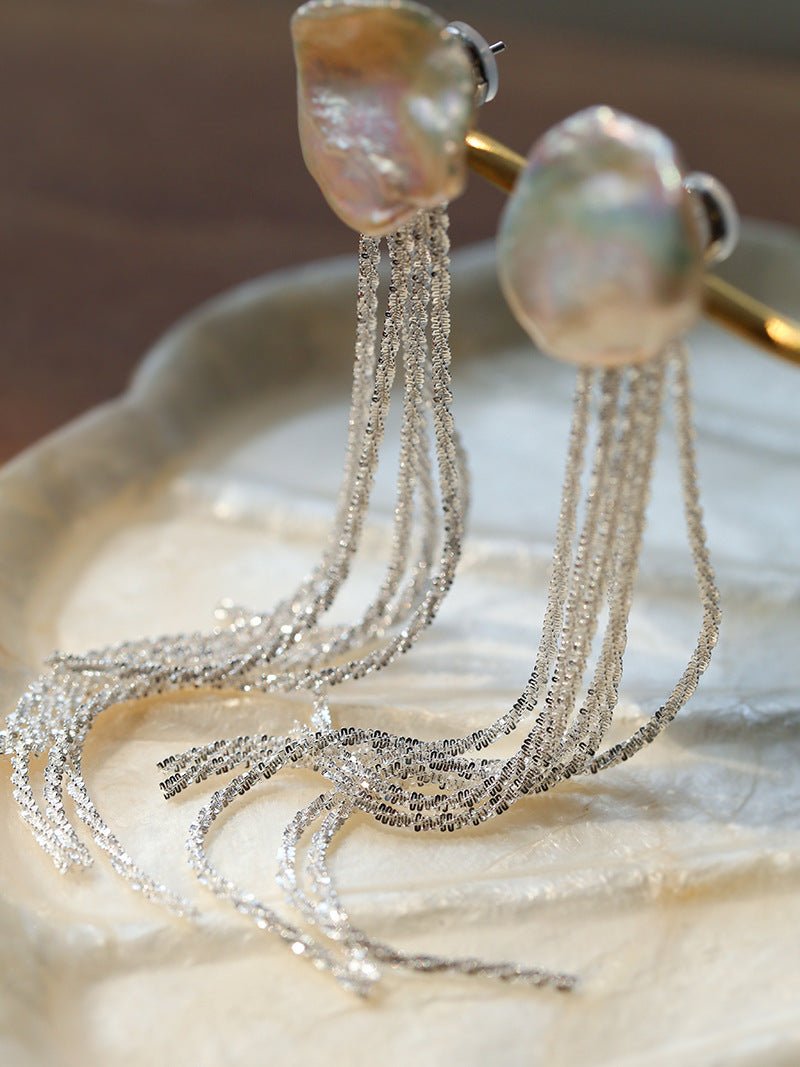 Anemone Chain Tassel Petal Pearl Earrings - floysun