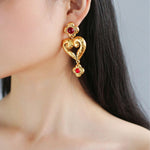 Antique Geometric Heart Red Crystals Dangle Earrings - floysun
