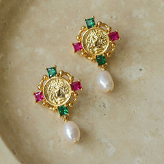 Antique Goddess Coin Pearl Earrings - floysun