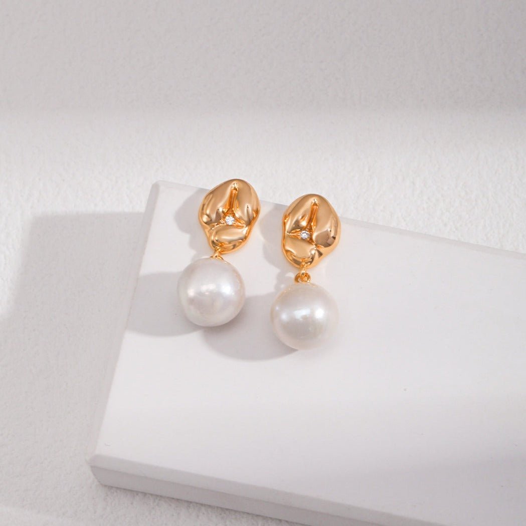 Asymmetrical Textured Pearl Earrings with Zircon Accents - floysun