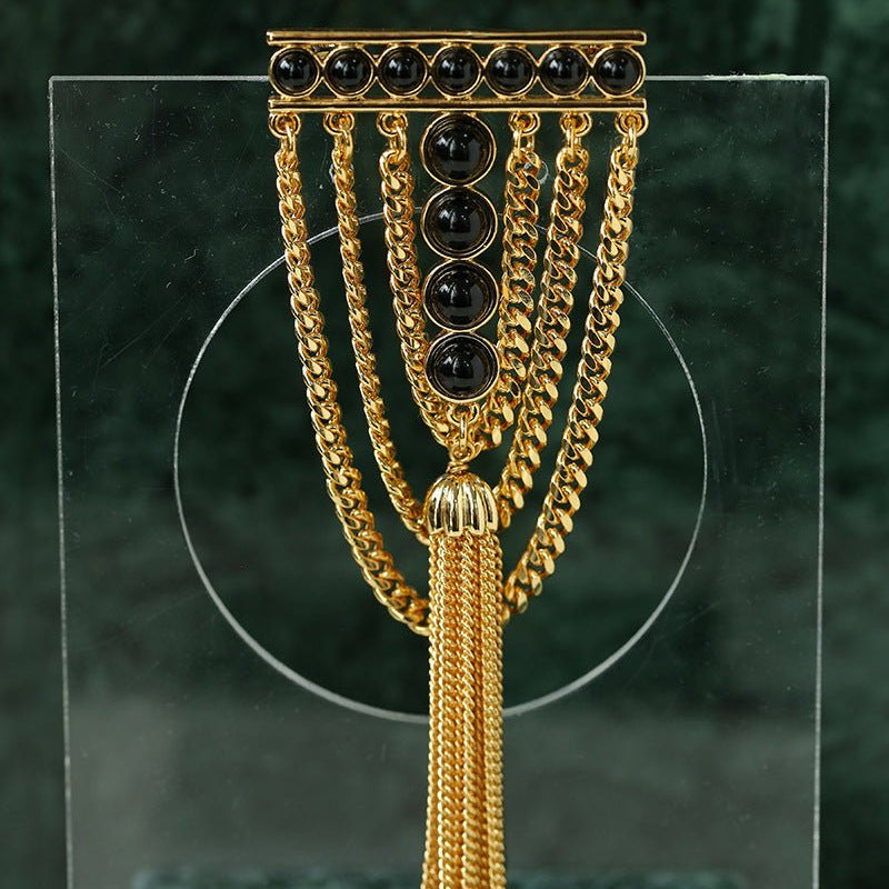 Ball Black Onyx Stone Tassel Brooches - floysun