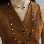 Black Agate Round Tube Freshwater Long Necklace Pearl - floysun