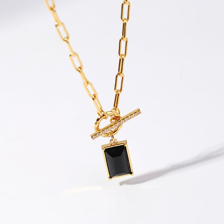 Black Square Gemstone Pendant OT Buckle Gold Necklace - floysun