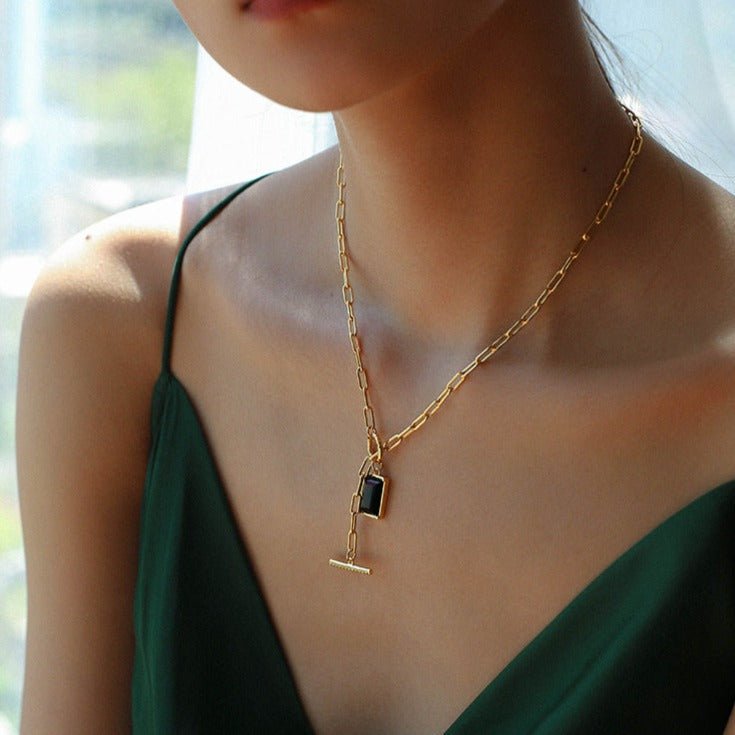 Black Square Gemstone Pendant OT Buckle Gold Necklace - floysun