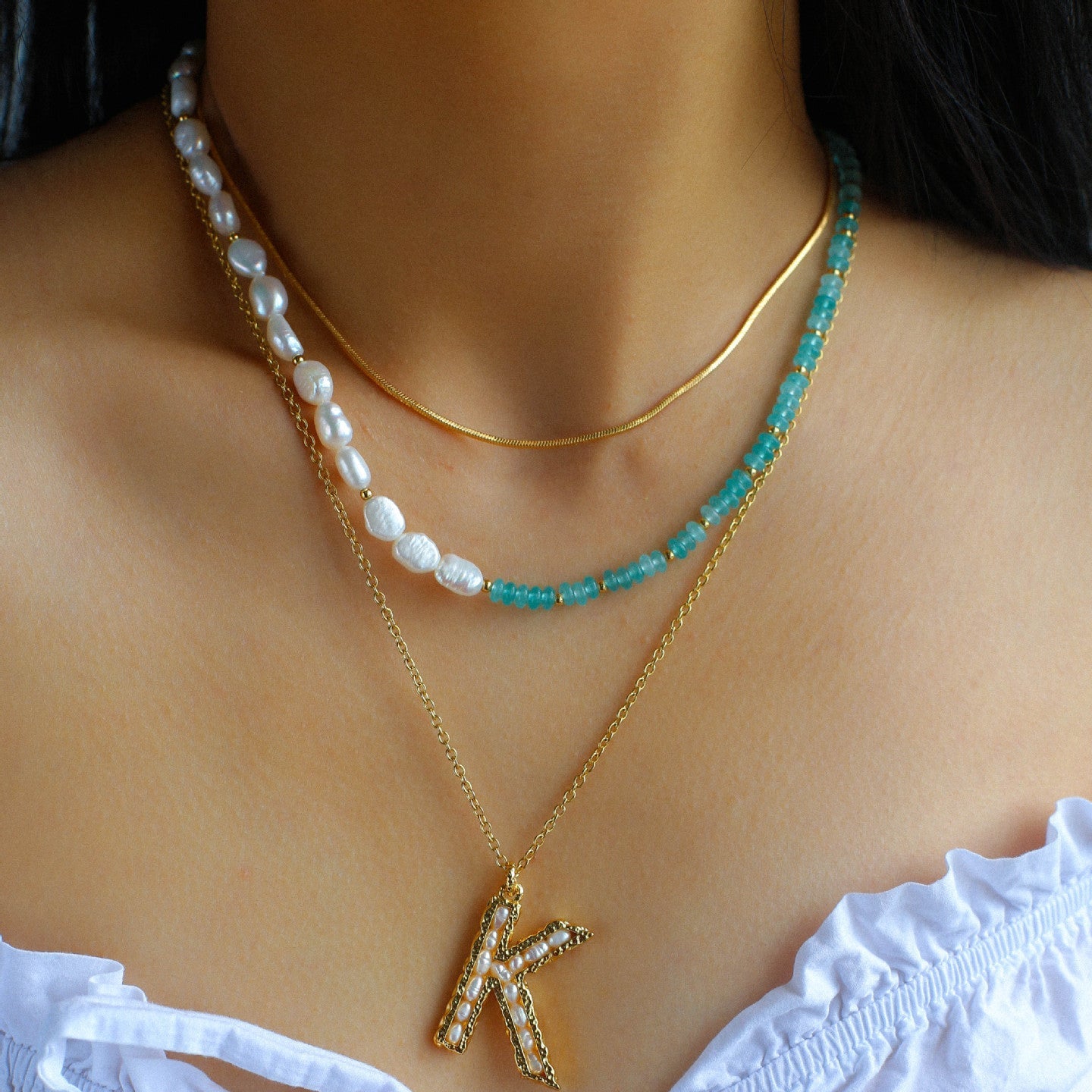 Blue Beaded Panel Pearl Necklace - floysun