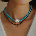 Blue Colored Stone Baroque Pearl Necklace - floysun
